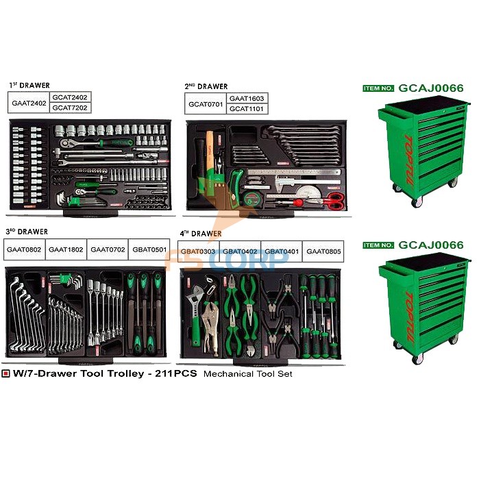 Tủ 7 ngăn với 4 ngăn có đồ nghề 211 chi tiết Toptul GCAJ0066