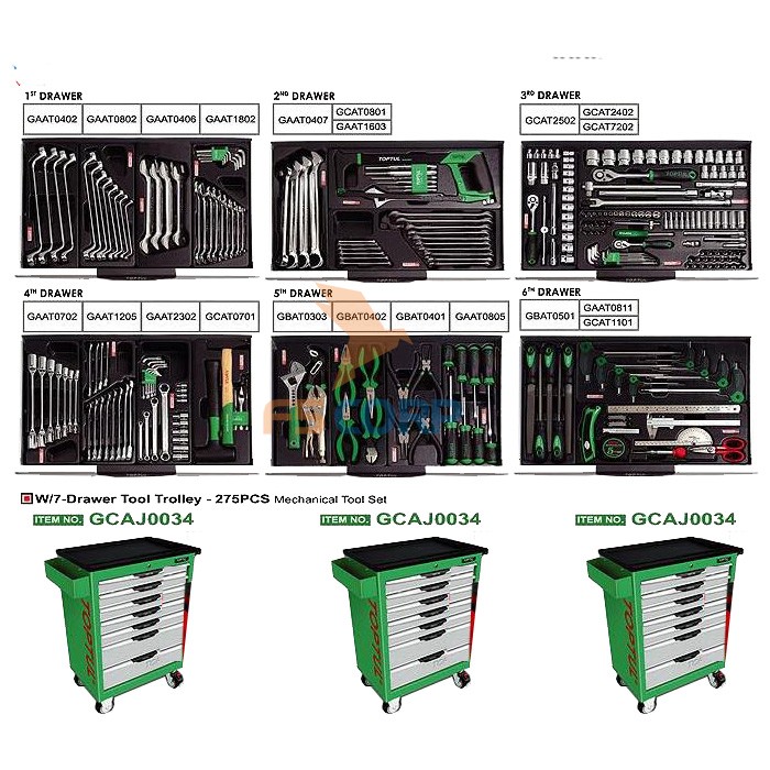 Tủ 7 ngăn chuyên dùng với 6 ngăn có đồ nghề 275 chi tiết Toptul GCAJ0034