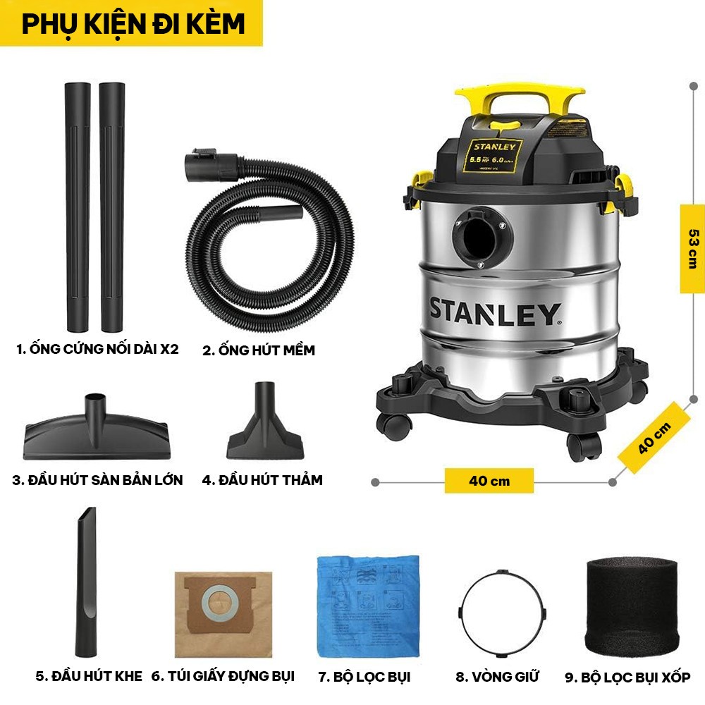 Máy hút bụi công nghiệp 3 chức năng 23 Lít - Khô/Ướt/Thổi Stanley SL19417P-6A