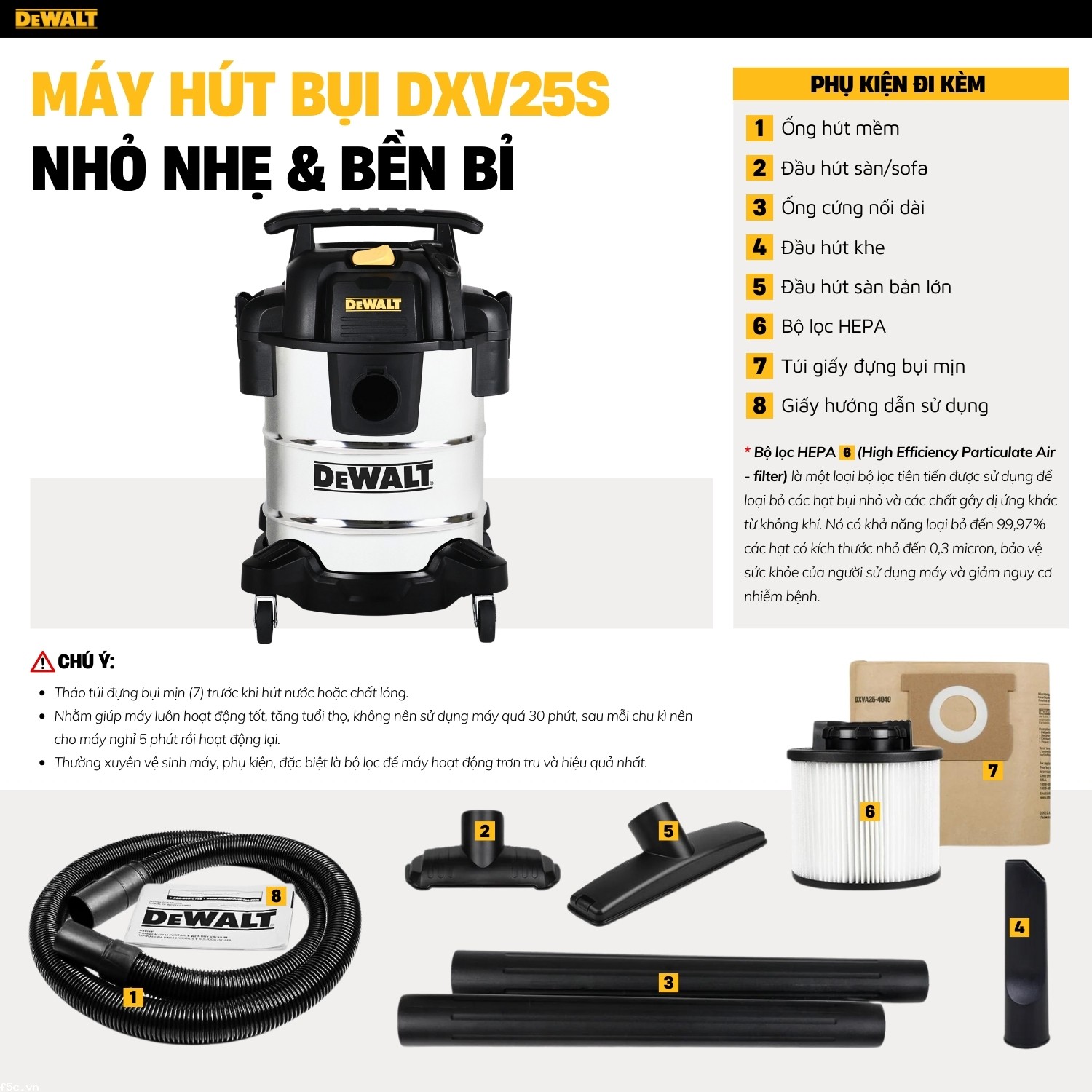 Máy hút bụi hút công nghiệp 3 chức năng Dewalt DXV25S 25 Lít - Ướt/Khô/Thổi 