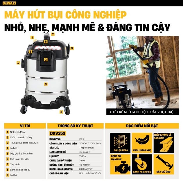 Máy hút bụi hút công nghiệp 3 chức năng Dewalt DXV25S 25 Lít - Ướt/Khô/Thổi 