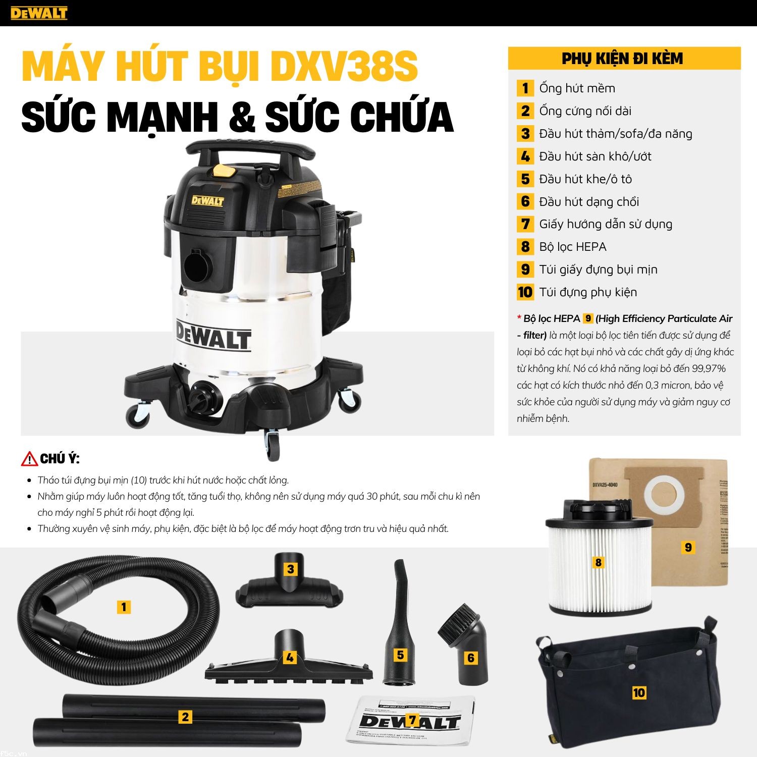 Máy hút bụi hút công nghiệp 3 chức năng Dewalt DXV38S 38 Lít  - Ướt/Khô/Thổi 