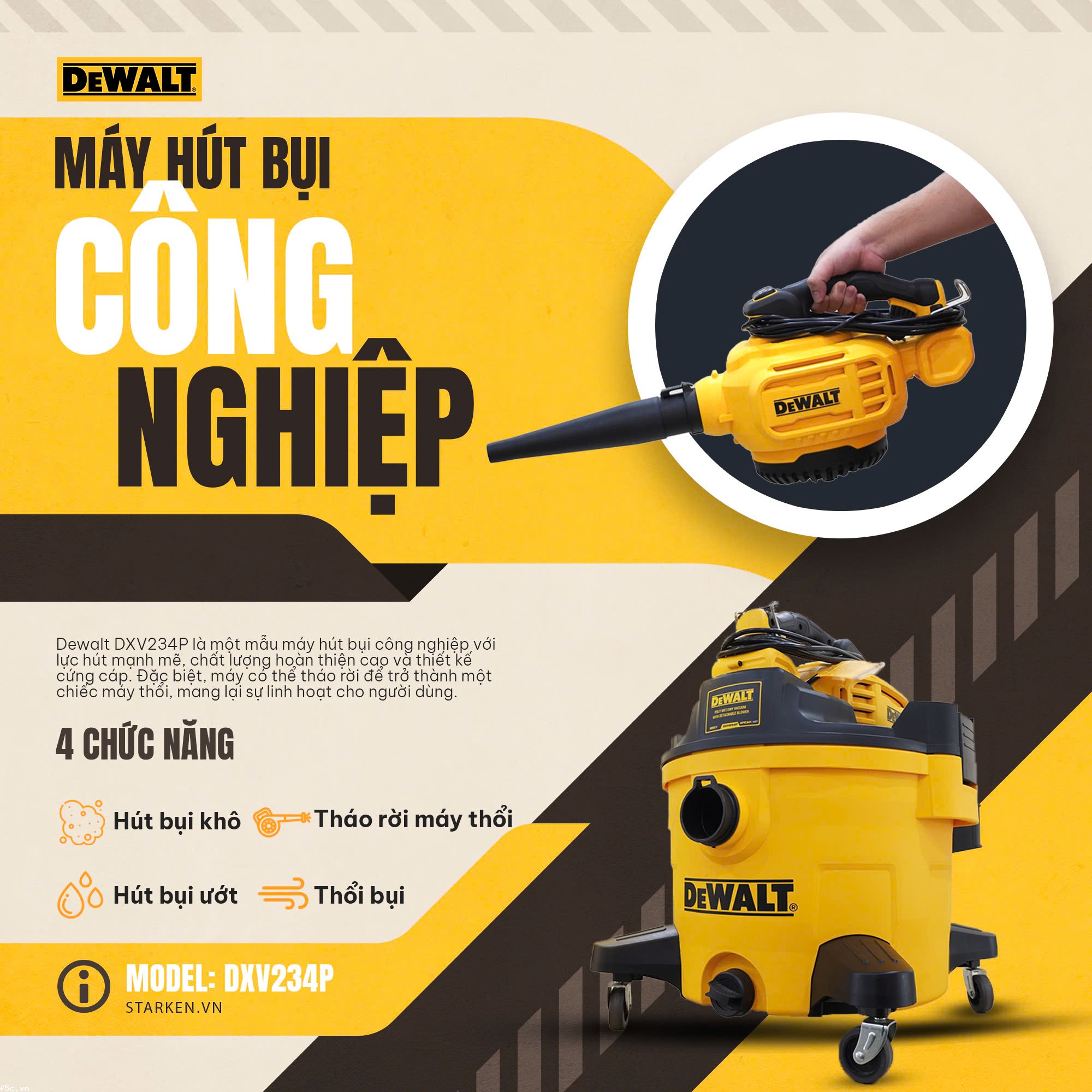 Máy hút bụi hút 4 chức năng Dewalt DXV234P 34 Lít - Ướt/Khô/Thổi/ máy thổi cầm tay 