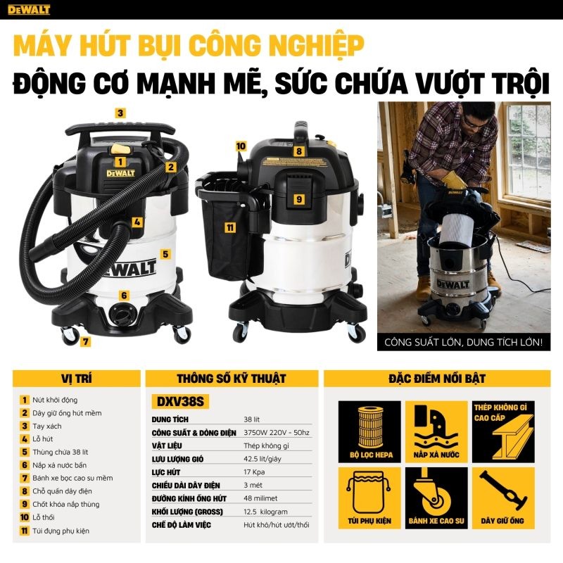 Máy hút bụi hút công nghiệp 3 chức năng Dewalt DXV38S 38 Lít  - Ướt/Khô/Thổi 