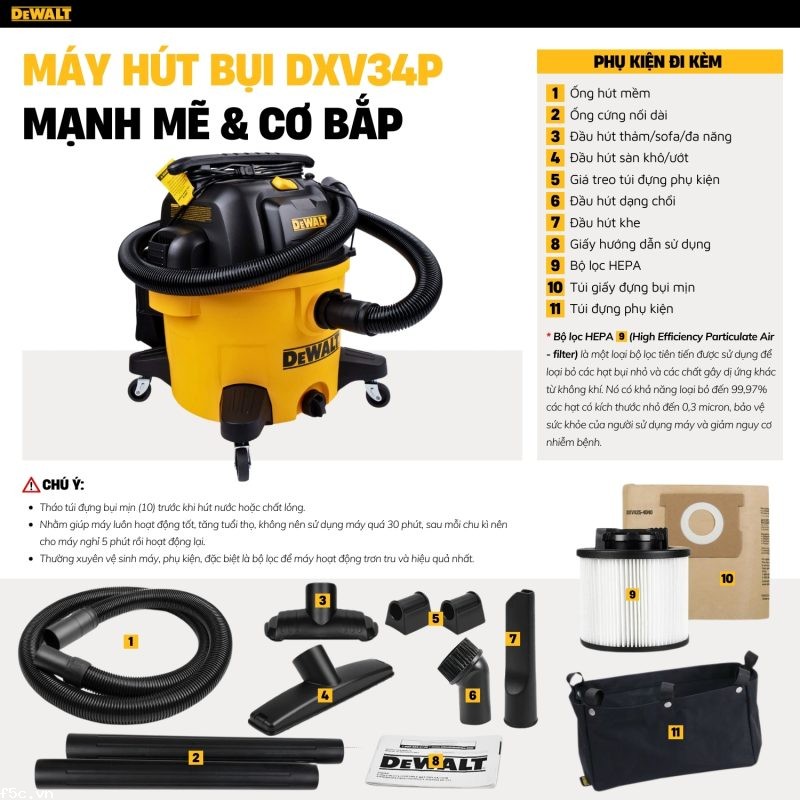 Máy hút bụi hút công nghiệp 3 chức năng Dewalt DXV34P 34 Lít - Ướt/Khô/Thổi 