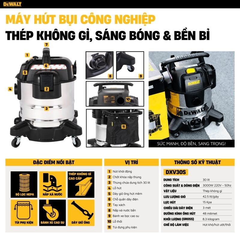 Máy hút bụi hút công nghiệp 3 chức năng Dewalt DXV30S 30 Lít - Ướt/Khô/Thổi 