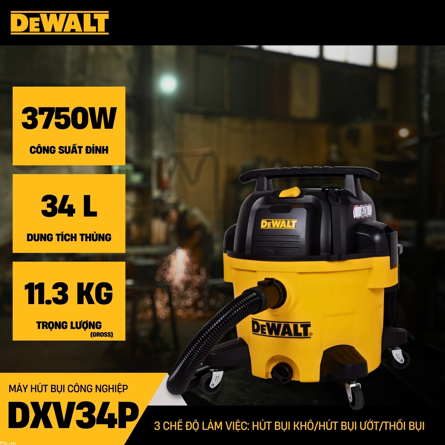 Máy hút bụi hút công nghiệp 3 chức năng Dewalt DXV34P 34 Lít - Ướt/Khô/Thổi 