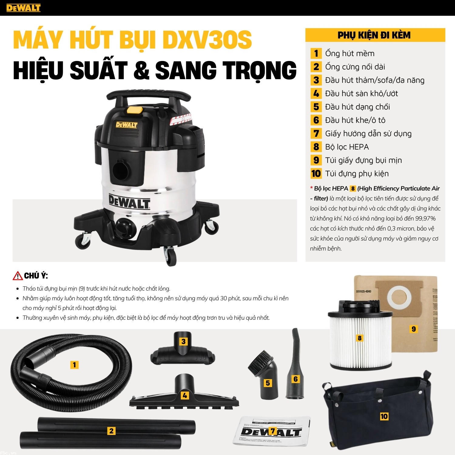 Máy hút bụi hút công nghiệp 3 chức năng Dewalt DXV30S 30 Lít - Ướt/Khô/Thổi 