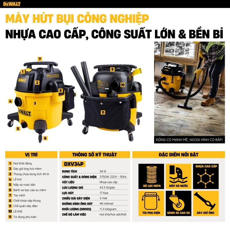 Máy hút bụi hút công nghiệp 3 chức năng Dewalt DXV34P 34 Lít - Ướt/Khô/Thổi 