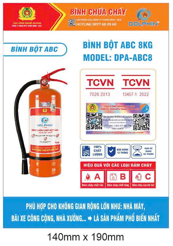 Bình chữa cháy dạng bột Dolphin DPA-ABC08