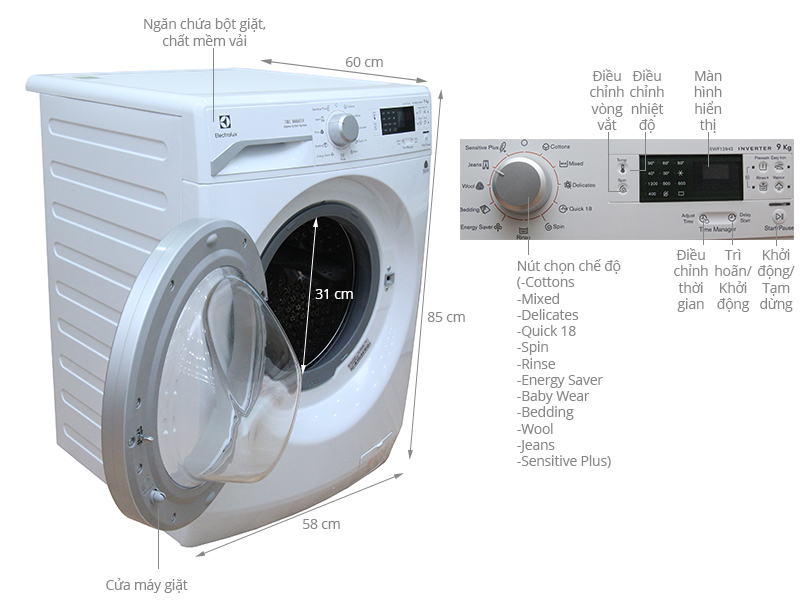 Máy giặt Electrolux EWF12942 9.0kg , Inverter
