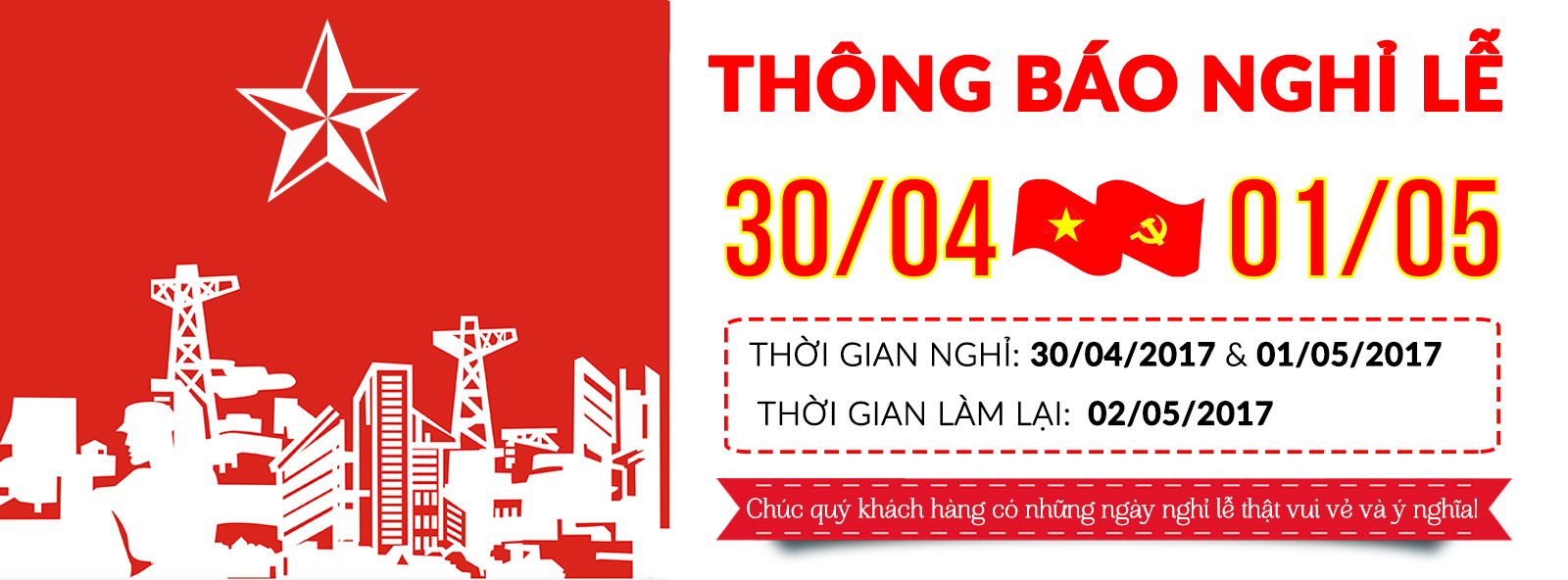 Thông báo nghỉ lễ 30/04 & 01/05/2017