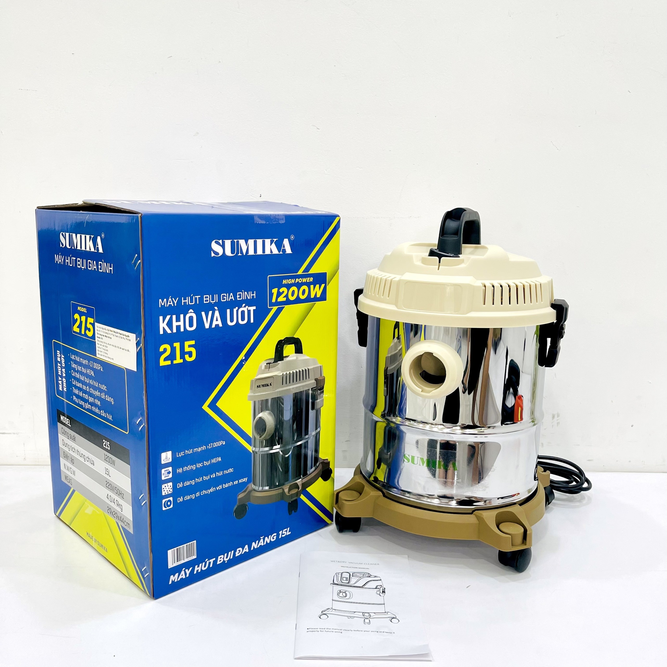 Máy hút bụi gia đình Khô/Ướt SUMIKA 215, công suất 1200W, thùng chứa 15L